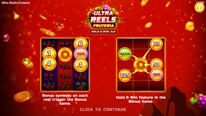 Ultra Reels Fruteria - başlangıç menüsü ve başlat düğmesi